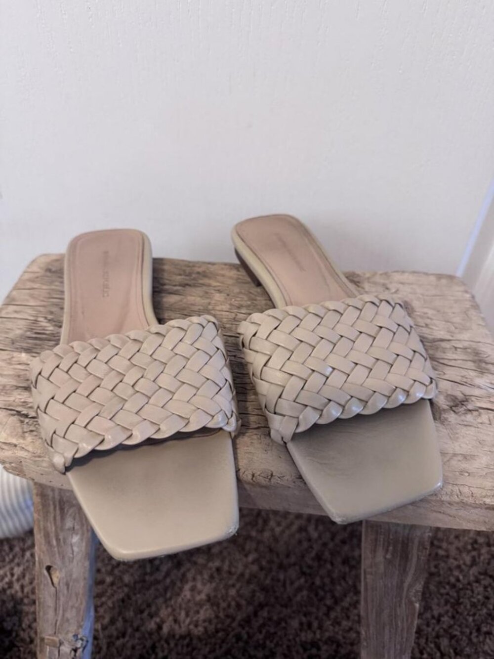 Cream Braided Flat Slide Sandals Woven Strap Size 8.5